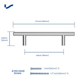 LONTAN 4 Kitchen Cupboard Handles 96mm T-Shaped Kitchen Cabinet Handles for Drawer and Wardrobe Stainless Steel Pulls Suitable for Bedroom, Living Room, Bathroom
