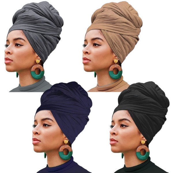 XTREND 4 Pieces Turbans for Women Stretch Jersey Headwraps Fashion Headband Solid Color Urban Extra Long Hair Scarf Breathable Ultra Soft Knit Turban Tie (Black, Dark Blue, Camel, Dark Grey)