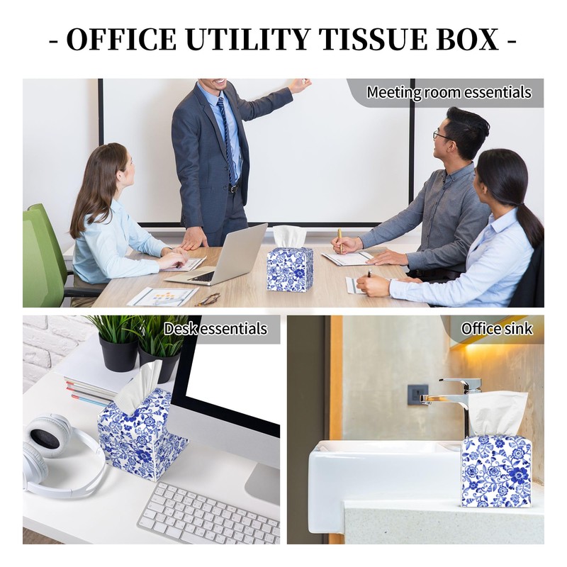 Tissue Box Cover,Blue and White Porcelain Flowers Pu Leather Square