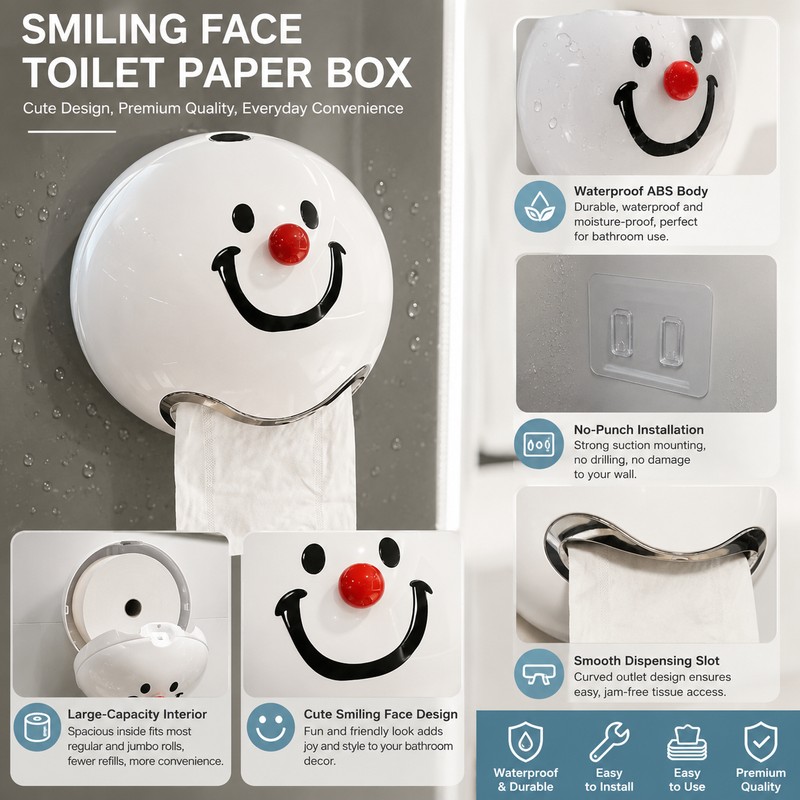 Smiling Face Toilet Paper Holder for Bathroom Storage – No-Drill