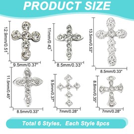 GOMAKERER 48 Pcs 6 Styles Rhinestone Cross Nail Cabochon, Punk Vintage Silver Small Nail Charms Nail Art Jewels Cross Cabochon Decoration Accessories for DIY Nail Designs Supplies