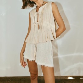 Linen Bow Tie Front Tank Top Women Coquette Pleated Peplum Blouse Y2K Babydoll Ruffle Shirt Sleeveless Tunic Outfits (Beige,Large)