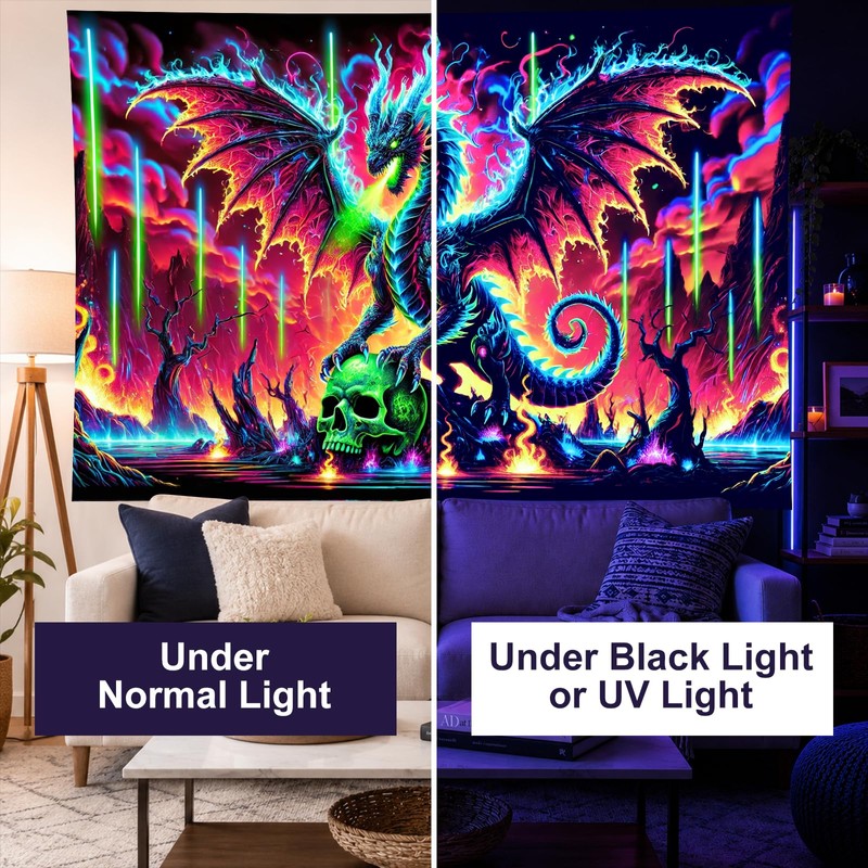 BlissYard Dragon Tapestry Blacklight Tapestry 78x59 Inch UV Wall Hanging
