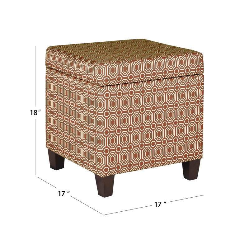 HomePop Upholstered Storage Cube Ottoman with Hinged Lid, Orange Geometric