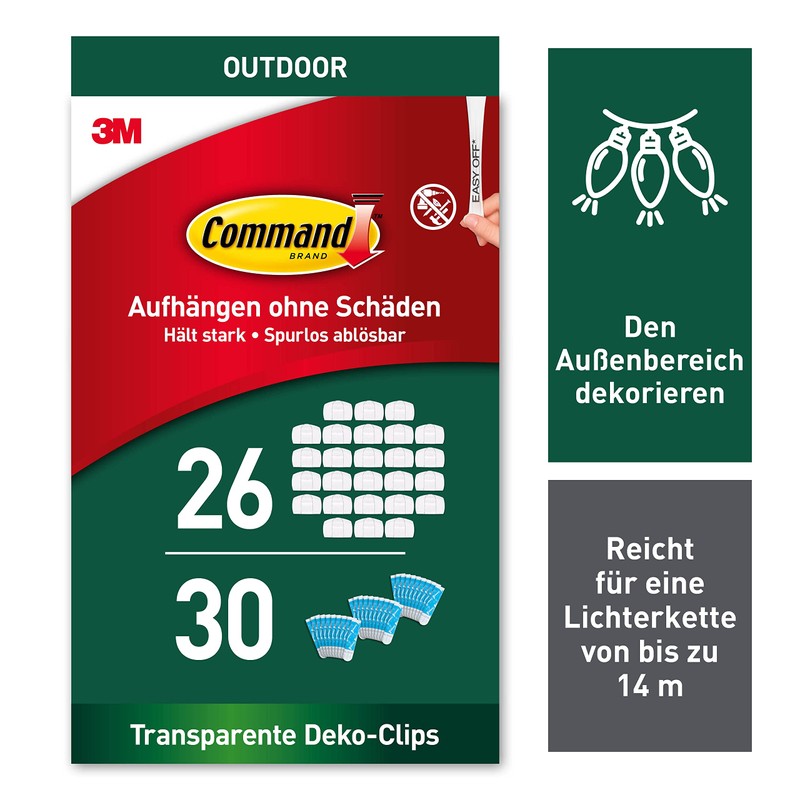 Command Transparente Lichterketten-Clips für den Außenbereich, 26 Clips, 30 Klebestreifen,