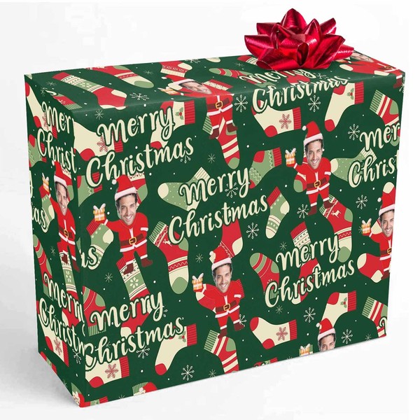 Custom Wrapping Paper Face for Christmas Personalized Christmas Socks Green