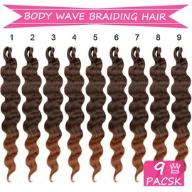 24 Inch Body Wave Braiding Hair 9 Packs Ombre Pre-Feathered Braiding Hair French Curl Wavy Braids Synthetic Hair Extensions for Women(T30#)