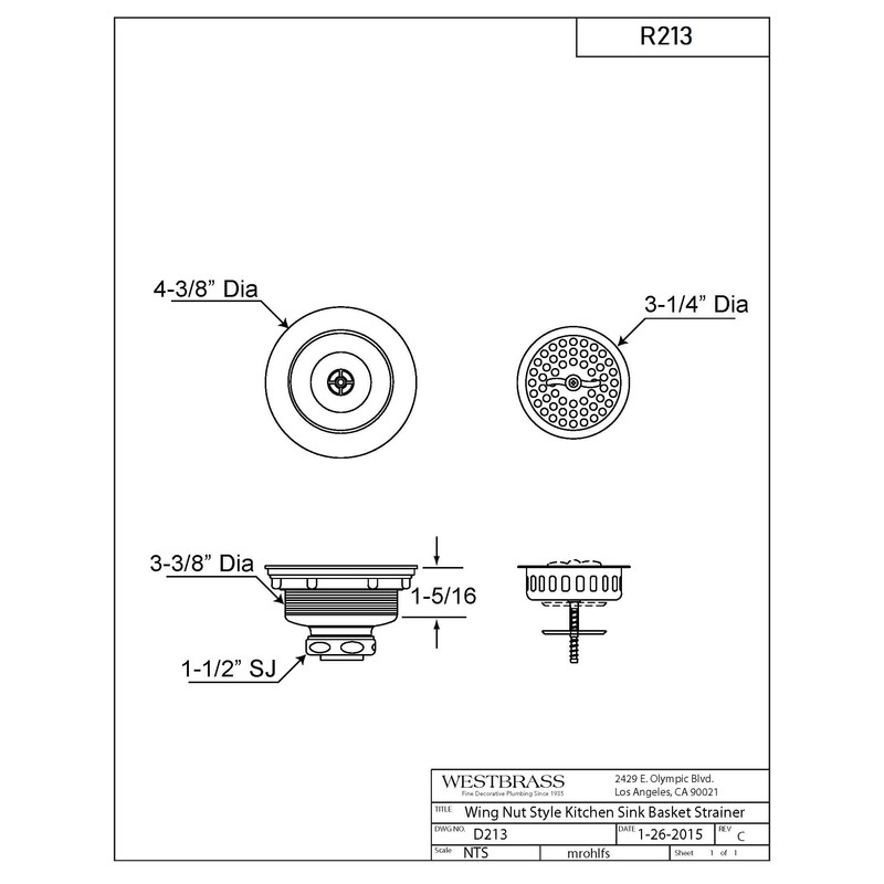 Westbrass R213-01 Wing Nut Style Large Kitchen Basket Strainer, Polished