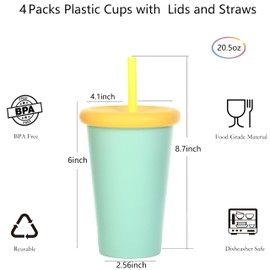 Alohastarttg Plastic Reusable Cups, 4 Pack of 20.5oz Drinking Cups with Lids and Straws, Dishwasher Safe, Perfect for Kitchen and Everyday Use (4, Green, Yellow)