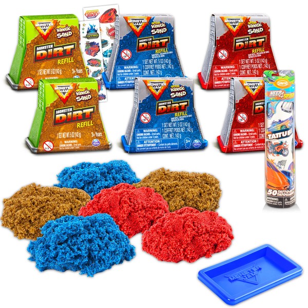Monster Jams Monster Jam Dirt Playset Refill Set - Bundle with 6 Monster Jam Kinetic Sand Refills in Red, Blue, and Brown Plus Racecar Temporary Tattoos (Monster Truck Sand Toy)