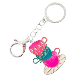 Stacked Teacups Keychain - Large Enameled Charm - Pink & Blue Tea Cups and Saucer - Swivel Keyring and Clip - Handmade by Green Acorn Kitchen