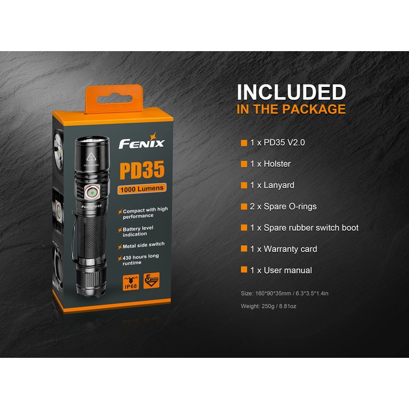 Fenix PD35 V3.0 LED Taschenlampe IP68 (wasserdicht), mit Guertelclip, mit
