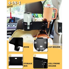 Car Headrest Backseat Cup Holder 3.7" with Organizer, High Capacity 4 in 1 Seat Back Organizer with Headrest Hooks, Multifunctional Storage for Car Travel Accessories Compatible with Most Vehicles