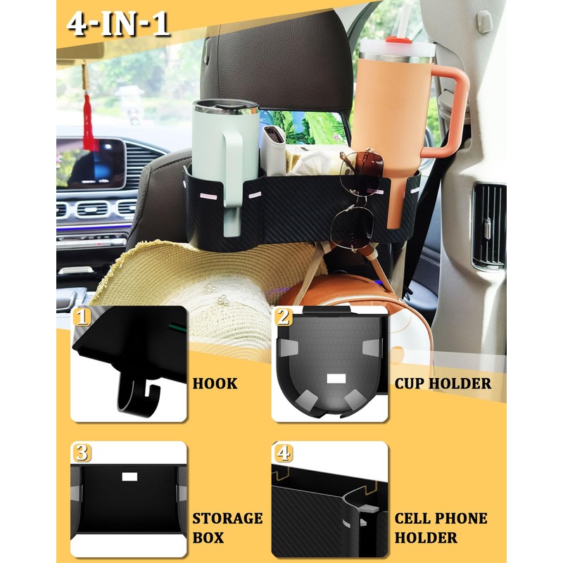 Car Headrest Backseat Cup Holder 3.7" with Organizer, High Capacity