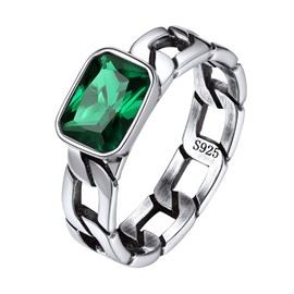 Bestyle Men's Band Ring 925 Sterling Silver Curb Chain Finger Ring with Green/Black Stone, Sterling Silver, Emerald