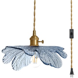 Auwieou Plug in Pendant Light, Vintage Hanging Light with Plug in Cord On/Off Switch Brushed Brass Pendant Light fixtures with Blue Glass Shade 1-Light Hanging Light for Kitchen Dining Room Bedroom