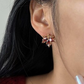 TseenYi Red Ruby Maple Leaf Earrings - Boho Vintage Dangle Earrings - Gold Zinc Alloy - Post Setting - Red Ruby Leaf Stone - Female - Pink, Zinc
