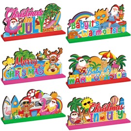 Suzile 6 Pcs Christmas in July Wooden Table Decoration July Summer Table Centerpieces Signs Santa Flamingo Palm Tree Theme Beach Party Decorations for Holiday Xmas Home Table Desktop Favors Supplies