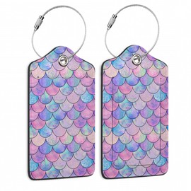 Set of 2 Luggage Tag for Suitcases LeatherMermaid Fish Scale Wave Tags with Stainless Steel Loop Privacy Name ID Card Cover Travel Bag Labels Set for Women Men Kids Girls