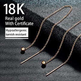 Solid 18k Gold Ball Earrings Dangle for Women, Dainty Rose Gold Thin Threader Earrings Tiny for Girls Real Gold, Pure Gold With Certificate Fine Bride Jewelry Gift for Wedding Prom Party Birthday