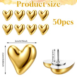 Gold Push Pins, 50 Pcs Decorative Gold Heart Cute Thumb Tacks Decorative Cute Push Pins for Corkboard Wall Bulletin Board Photos Posters Maps Home Office Supplies