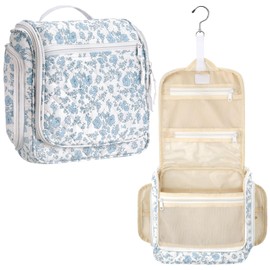 Eccliy Travel Toiletry Bag for Women Blue Floral Makeup Bag with Hook, Toiletry Organizer with 19 Compartments for Cosmetics Bathroom Shower Accessories Travel Essentials
