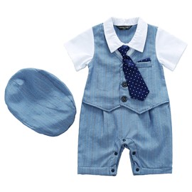 HeMarIsle Baby Boy Newborn Gentleman Blue Shirt Vest Tie Tuxedo Suit Onesie Dressy outfit With Hat (8005Blue, 12-18 M)