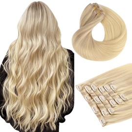 HOTBANANA Seamless Clip in Hair Extensions 18 inch 130g 7pcs Ash Blonde to Golden Blonde and Platinum Blonde Clip in Remy Human Hair Extensions Straight Hair Invisible PU Skin Weft