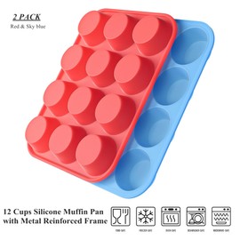Bangp - Molde de silicona para magdalenas de 12 tazas con marco reforzado de metal, paquete de 2 moldes de silicona antiadherentes de alta calidad para hacer magdalenas, pasteles, tartas, picaduras de