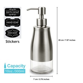 AUMIO Dish Soap Dispenser with Stickers, Brushed Nickel Stainless Steel and Glass Combined, Refillable Liquid Hand Soap Dispenser for Bathroom & Kitchen (11OZ / 320ML)