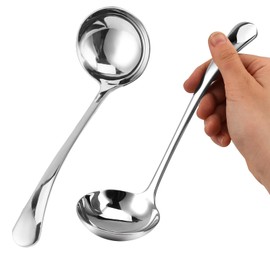 Set of 2 Stainless Steel Silver Soup Ladles, 20 cm Sauce Ladle, Soup Ladle, Serving Spoon of Soups and Stews, Dishwasher Safe