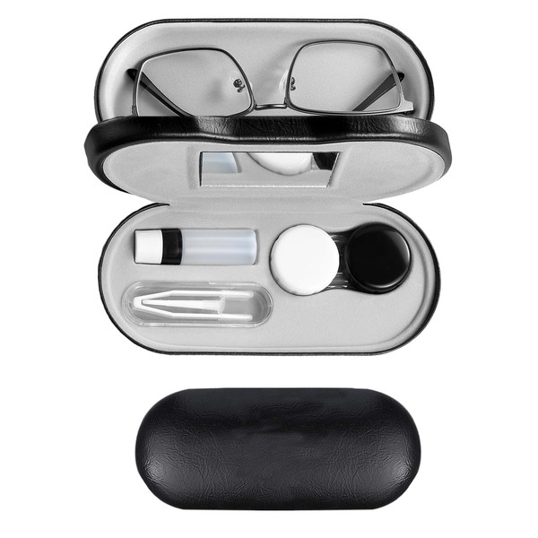 MUDOR - Funda para lentes de contacto 2 en 1, kit de viaje para lentes de contacto de doble cara incluye herramienta removedora con pinzas, diseño de doble uso para lentes de contacto y funda para anteojos (negro-1)