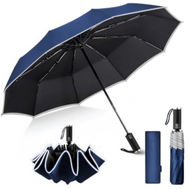 MXCOCO Paraguas Plegable Automático, Paraguas de Bolsillo para Lluvia y Sol, Sombrilla Plegable Grande Resistente al Viento con Protección UV y Borde Reflectante de Seguridad, Ligero y Portátil