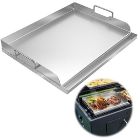 Universal Stainless Steel Griddle Flat Top Plate with Even Heating Bracing for BBQ Charcoal and Gas Grills, Camping, Tailgating, and Parties,with Grease Groove and Removable Handles (17" x 13")