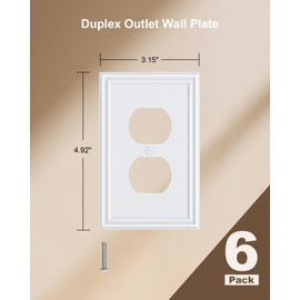 6-Pack Single Duplex Outlet Cover Plate, Decorative White Switch Plates and Outlet Covers, Metal Wall Plates for Electrical Outlets, 1 Gang Receptacle Cover, Corrosion Resistant
