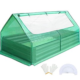 Quictent 6x3x1ft Galvanized Raised Garden Bed with Cover Metal Planter Box Kit, w/ 2 Large Screen Windows Mini Greenhouse 20pcs T Tags 1 Pair of Gloves Included Outdoor Growing Vegetables (Green)