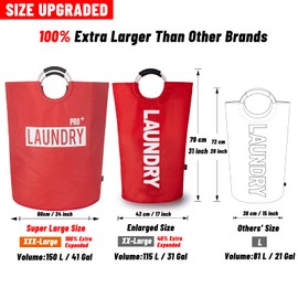 Caroeas Super Large 150L Laundry Basket Pro, Waterproof Laundry Hamper, Collapsible Laundry Basket Easy Storage, Clothes Hamper Stands Up Well, Laundry Bag with Padded Handles (Red)