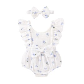 YOUNGER TREE Newborn Baby Girl Clothes Ruffle Sleeve Rompers Infant Backless Floral Jumpsuit Summer Outfits with Headband (White Blue Floral, 0-3 Months)