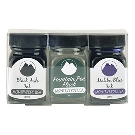 Monteverde USA Fountain Pen Ink 3-Piece Set Includes Black Ash, Malibu Blue, and Fountain Pen Flush – 30ml Bottles, Non-Toxic, pH Neutral, Water-Based, Ideal for Smooth Writing & Pen Maintenance