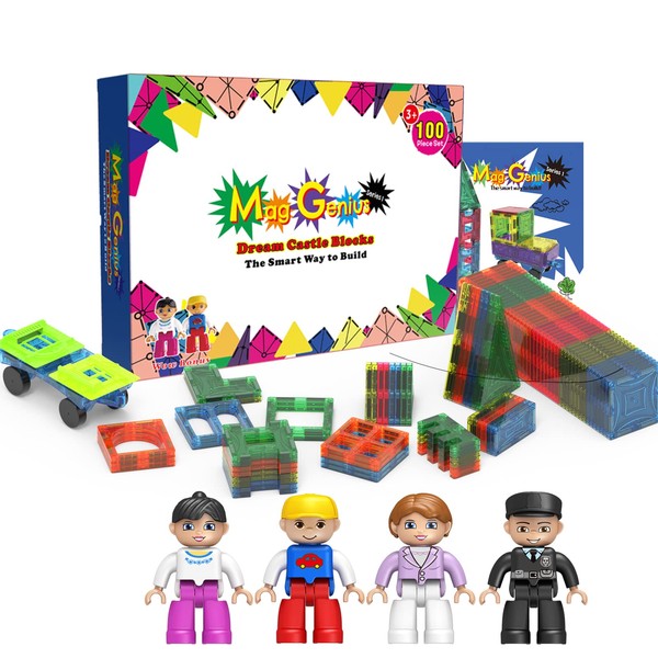 Mag Genius Magnet Tiles 100 Piece Set Includes All The New Magnet Tiles and Clickins to Build The Perfect Castle Includes Clip in Windows and All New Magnet People
