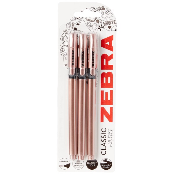 Zebra Classic Rose Gold Ballpoint Pens, Black Ink, 3 count (Pack of 1)
