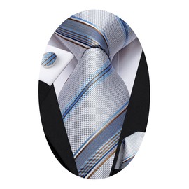 Hi-Tie Men Ties Sets Silk Stripe Paisley Necktie Pocket Square Cufflinks for Business Wedding,Silver Blue
