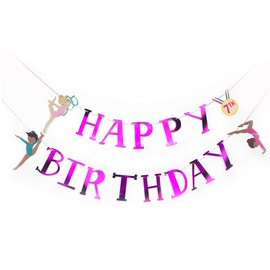 Gymnastics Party - Happy Birthday Banner in Metallic Pink | Gymnast Girls Birthday Banner Decorations | Gymnastics Party Supply