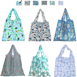 Ausein Bolsas Reutilizables de 6 Piezas, Bolsa Plegable de Poliéster de Gran Capacidad, Bolsas de Tela Ecologicas para Supermercado para Frutas, Verduras y Comestibles, Lavable a Máquina, 46 x 66cm