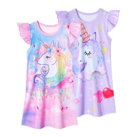 LQSZ Girls Nightgowns Crystal Unicorn Nightdress Nightie Sleepwear Pajamas Flutter Short Sleeves Nightgown for Girls 9 10t