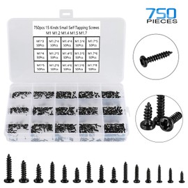 HanTof 750pcs Black Tiny Screws for Electronics, M1, M1.2, M1.4, M1.5, M1.7 Very Small Phillips Pan Head Self Tapping Screws, Micro Wood Screws, Mini Electronic Screws Assortment Kit-Carbon Steel