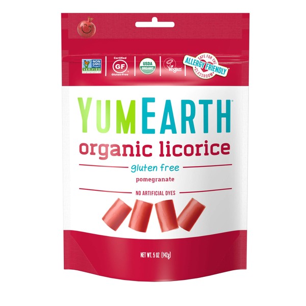 YumEarth Organic Gluten Free Pomegranate Licorice, 5 Ounce, 6 pack- Allergy Friendly, Non GMO, Vegan (Packaging May Vary)