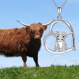 YAFEINI Highland Cow Necklace Sterling Silver Cute Scotland Cow Pendant Western Jewelry Gifts for Women Girls, 银, No Gemstone