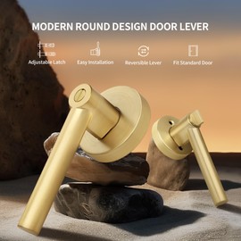 Moquin Brass Gold Heavy Duty Round Design Door Lever, Keyless Privacy Door Handle in Gold, Reversible Door Lock for Bathroom Bedroom Door