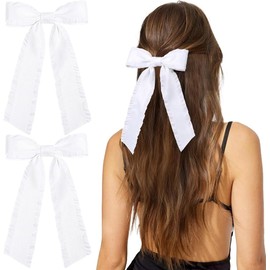 2PCS Hair Bows for Women, Tassel Ribbon Bowknot Hair Clips Barrettes for Women with Long Tail (White, 12.5 * 17CM)